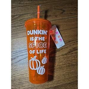 Dunkin Donuts Glow In The Dark Tumbler Cup Straw 24oz Orange Pumpkin Spice